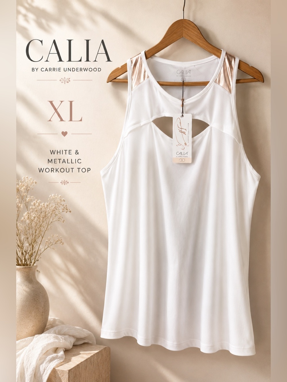 CALIA by Carrie Underwood White Metallic Accent Performance Tank Top XL NWT